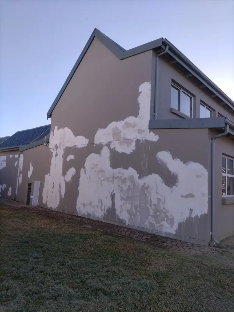 Townhouse walls with flaking, patched plaster